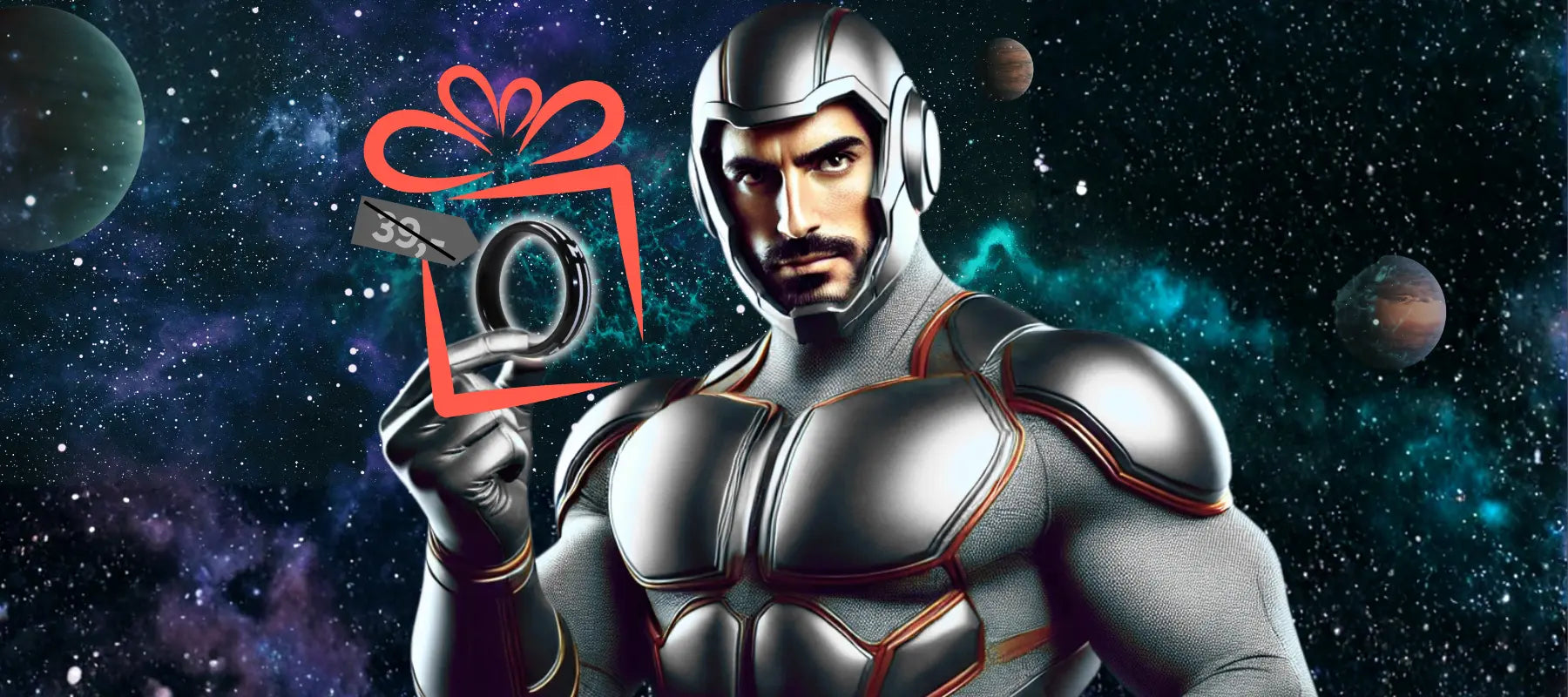 Superhero holding a gift box with a starry space background