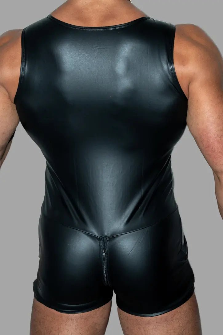 Black PU leather Aaron Roidbod Sleeveless Suit with zip rear, size L, from Maskulo. A striking singlet for men, priced at 89.