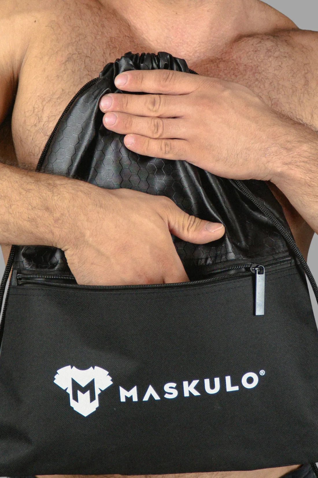 Black Maskulo fetish drawstring bag for "puppies" and leather fans, 100% polyester backpack with zipper pockets