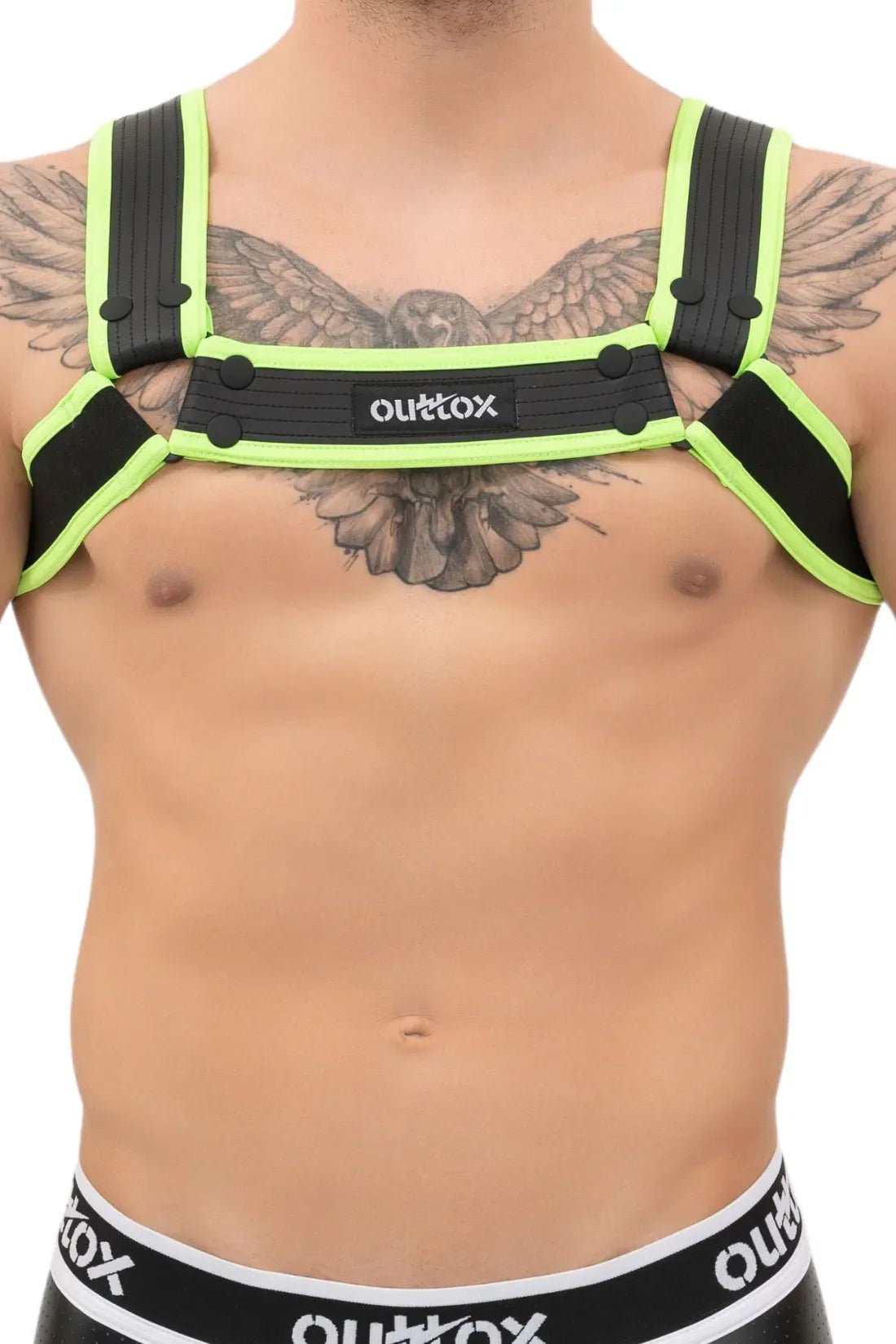 Black and neon green Outtox Bulldog Harness with snaps from Maskulo Global (EU) Store. An eye-catching accessory for adults.