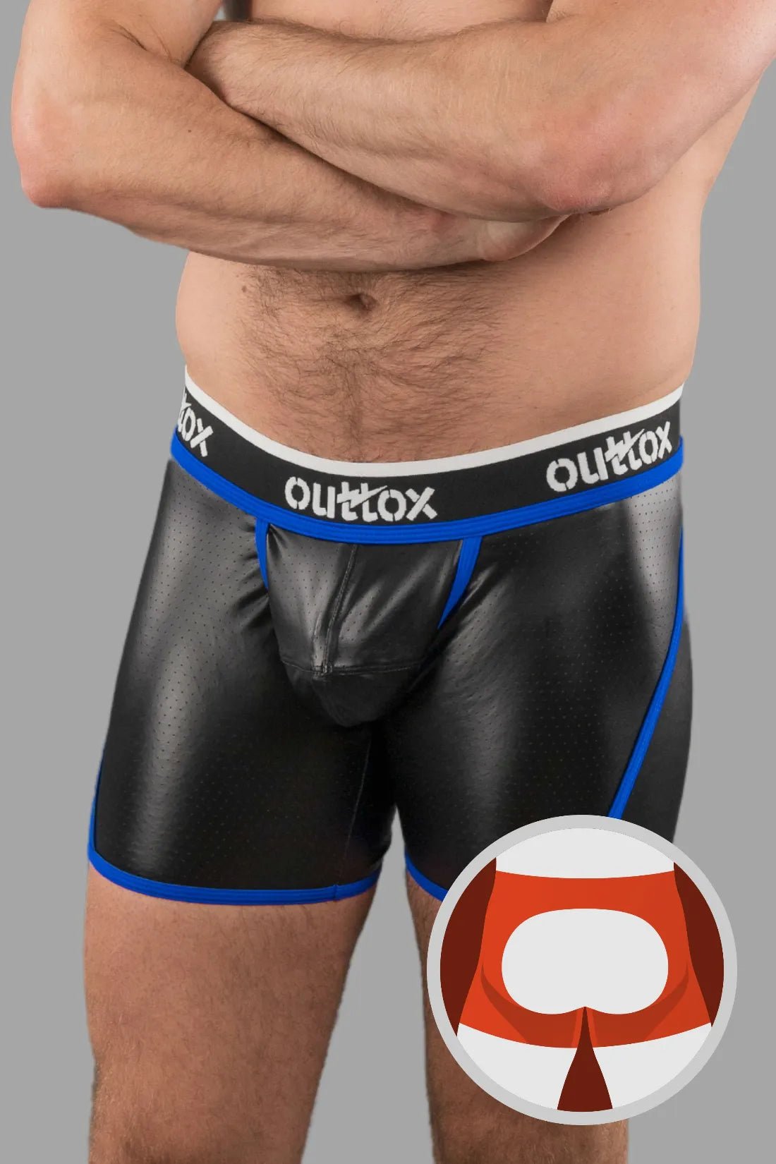 Outtox Black & Blue Open Rear Shorts with Snap Codpiece. Perforated PU eco leather, polyester blend. Bold fetish shorts by Maskulo.