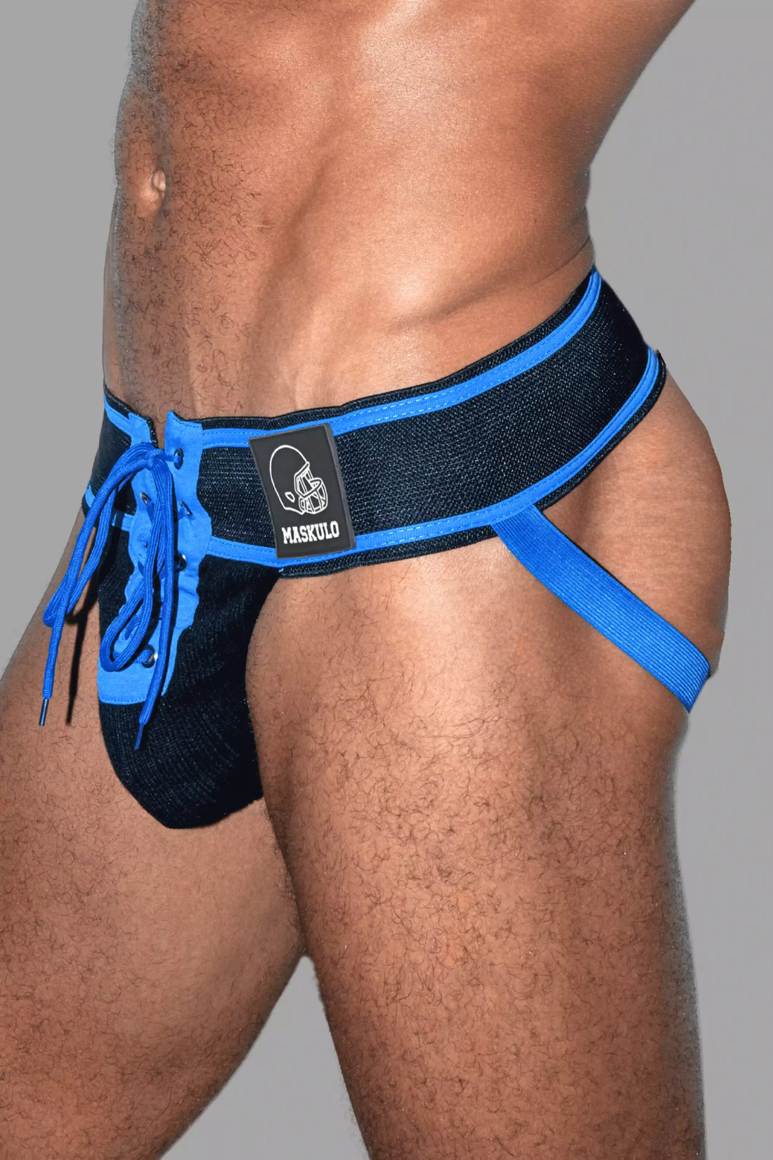 Liam Gridd-Iron, American Football Jockstrap. Schwarz + Königsblau