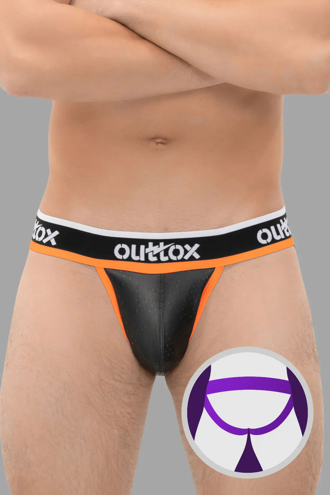 Outtox. Jockstrap avec braguette à boutons-pression. Noir et orange