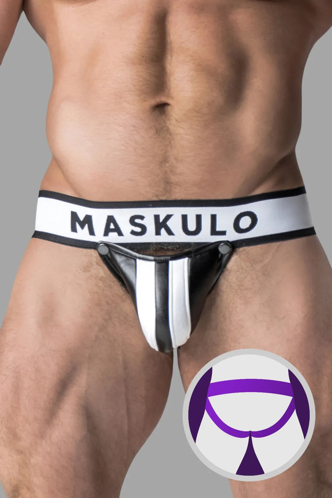 Armored. Jockstrap pour homme. Braguette amovible. Blanc et noir