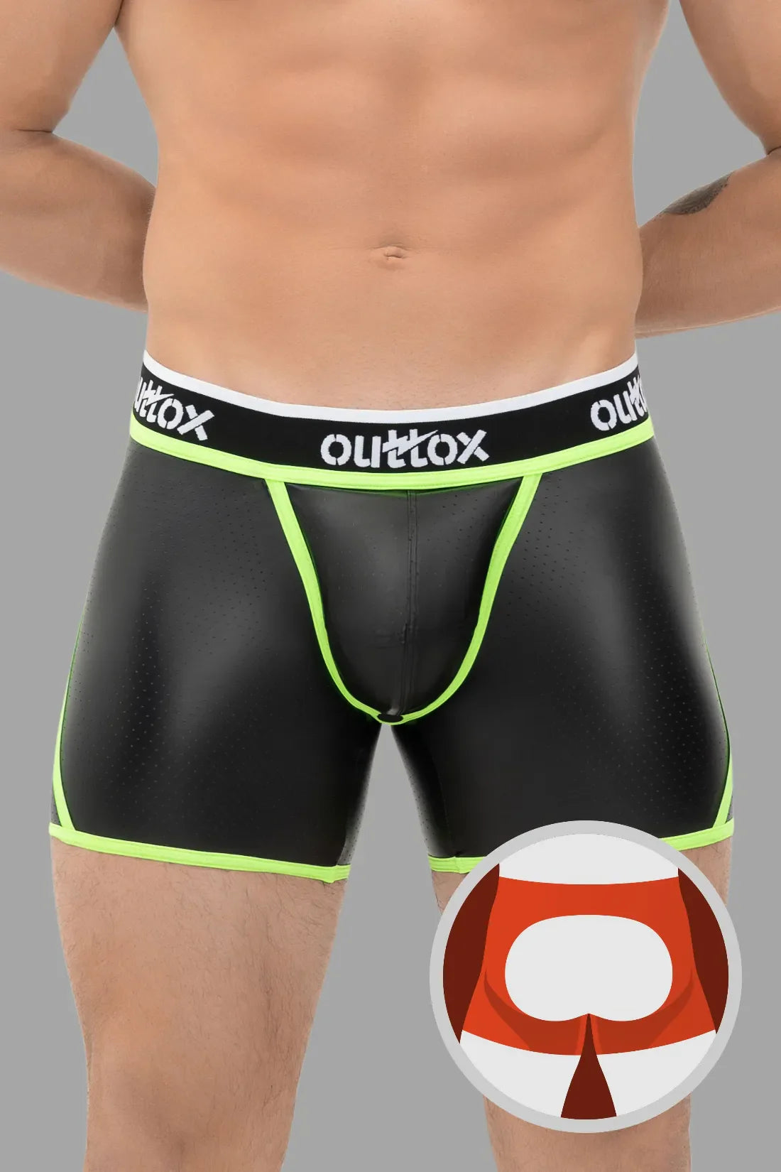 Outtox. Open achtershort met drukknoopsluiting. Zwart+Groen &