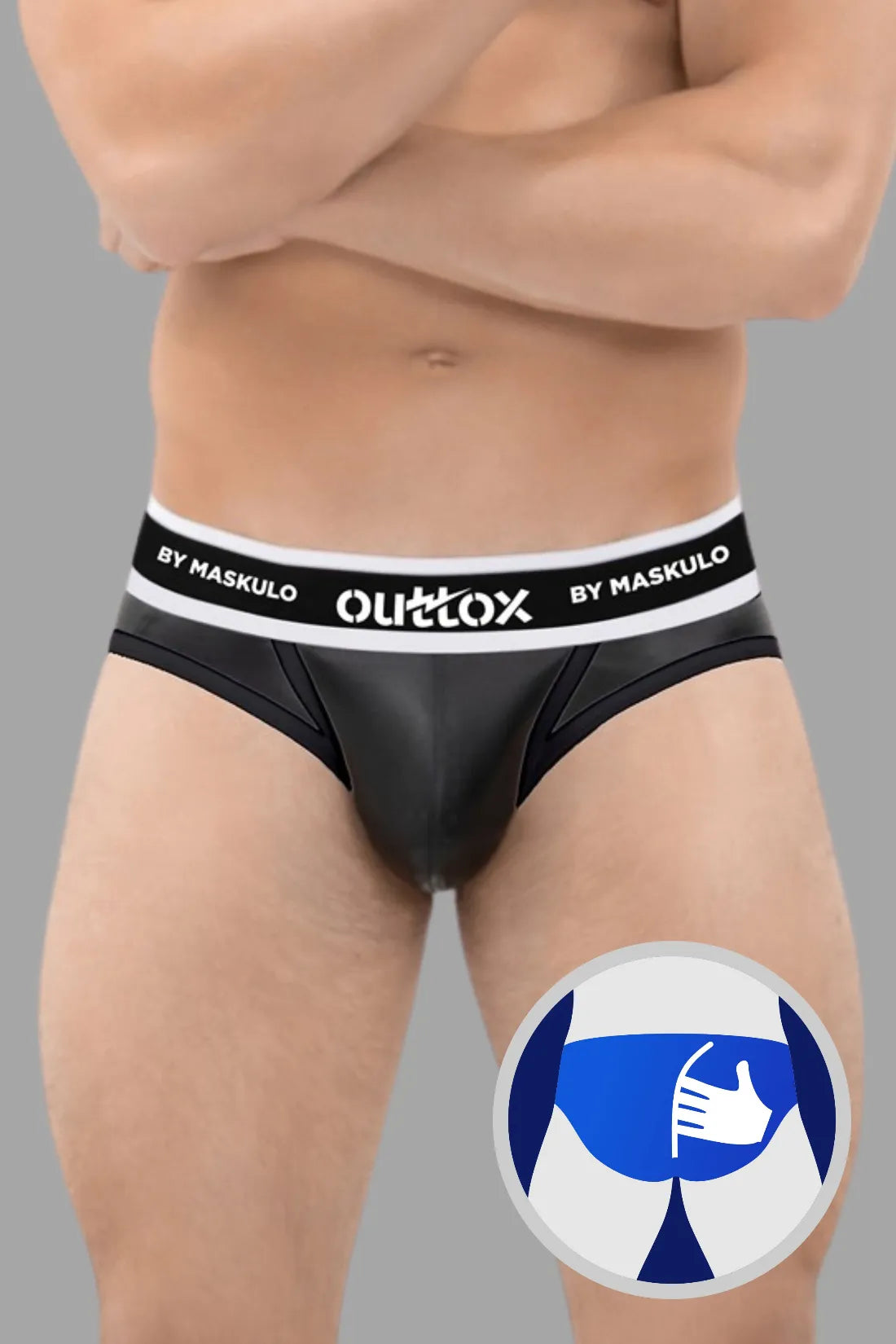 Outtox. Slip arrière enveloppé avec Snap Codpiece. Noir