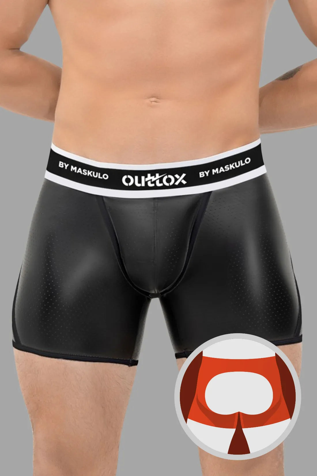 Outtox. Shorts mit offenem Rücken und Druckknopf-Codpiece. Schwarz