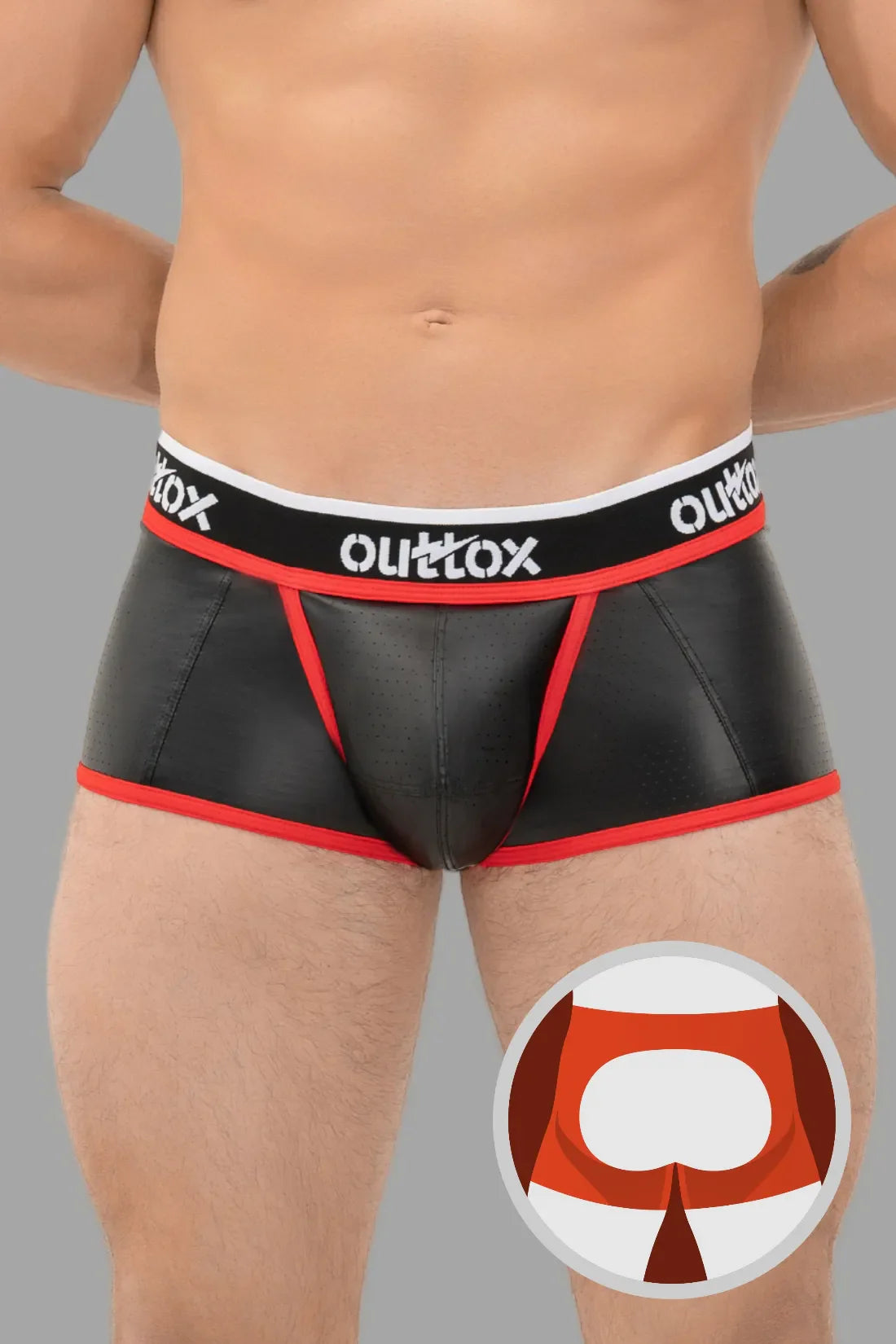 Outtox. Pantalones cortos con parte trasera abierta y bragueta a presión. Negro+rojo