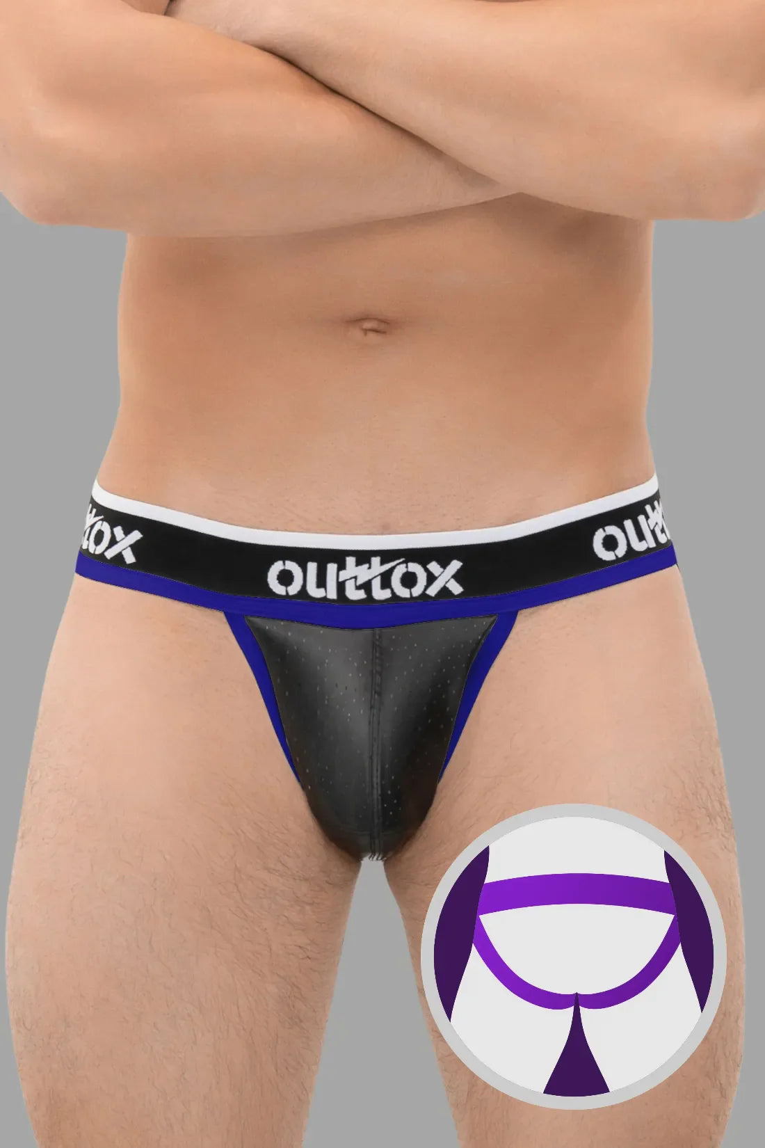 Outtox. Jock mit Druckknopf-Schamkapsel. Schwarz und Blau &