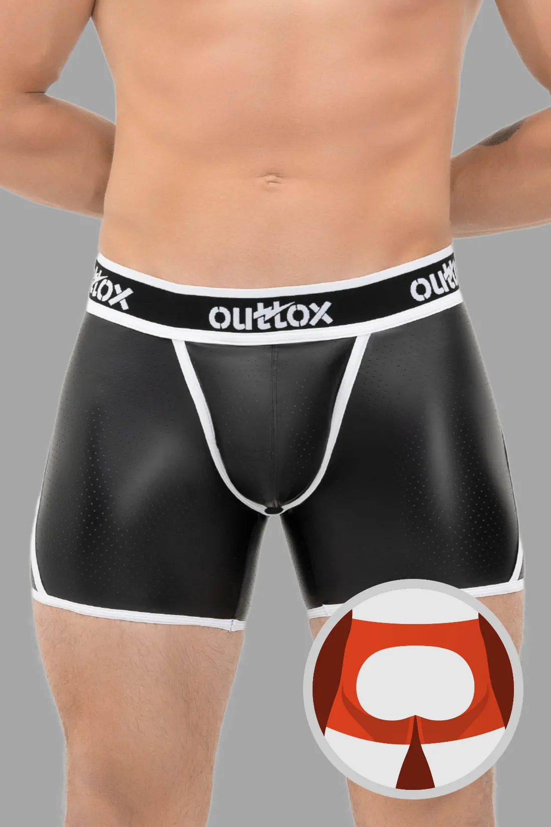 Outtox. Open Rear Shorts with Snap Codpiece. Black and White