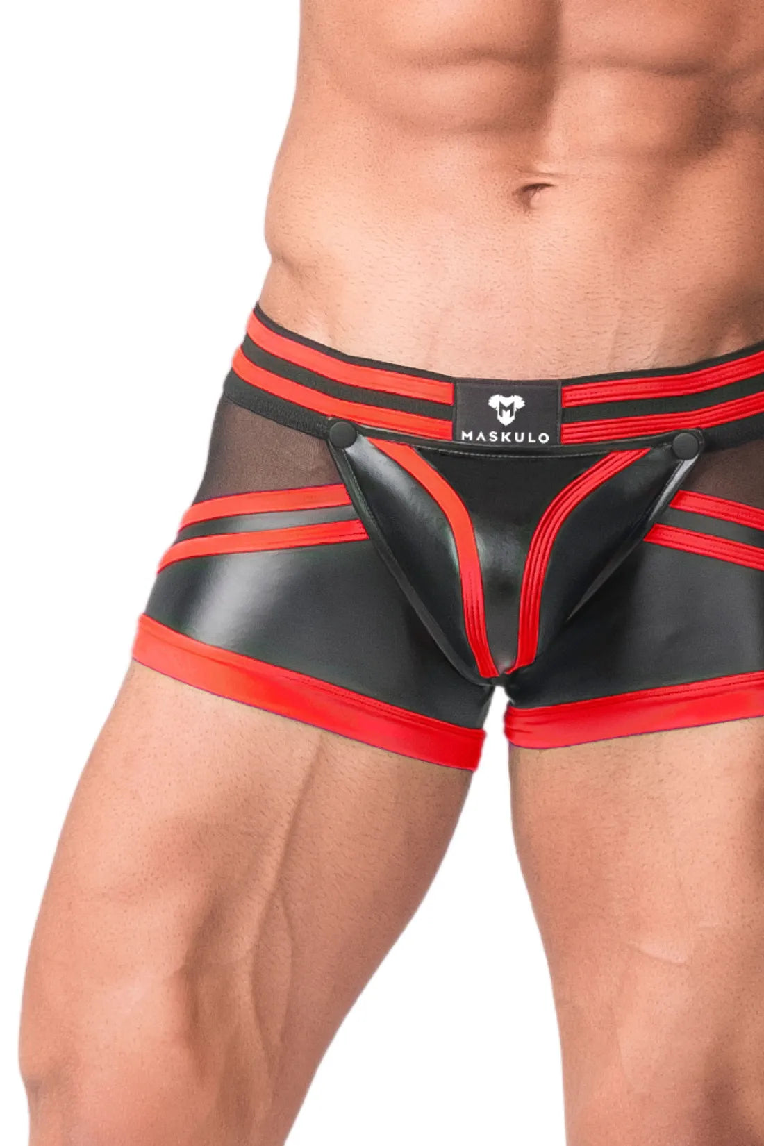 Youngero Generación Y. Shorts tipo baúl para hombre. Bragueta. Parte trasera con cremallera. Negro+rojo