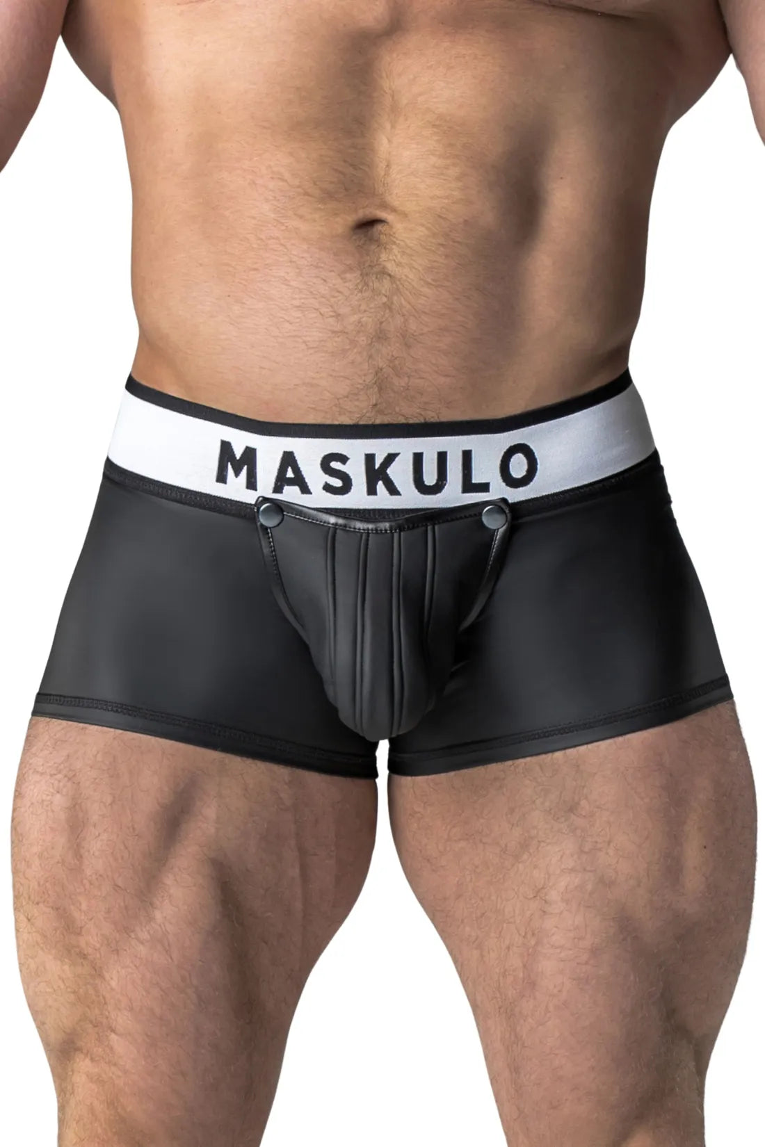 Armored. Shorts in Gummioptik. Abnehmbare Tasche. Hinten offen. Schwarz