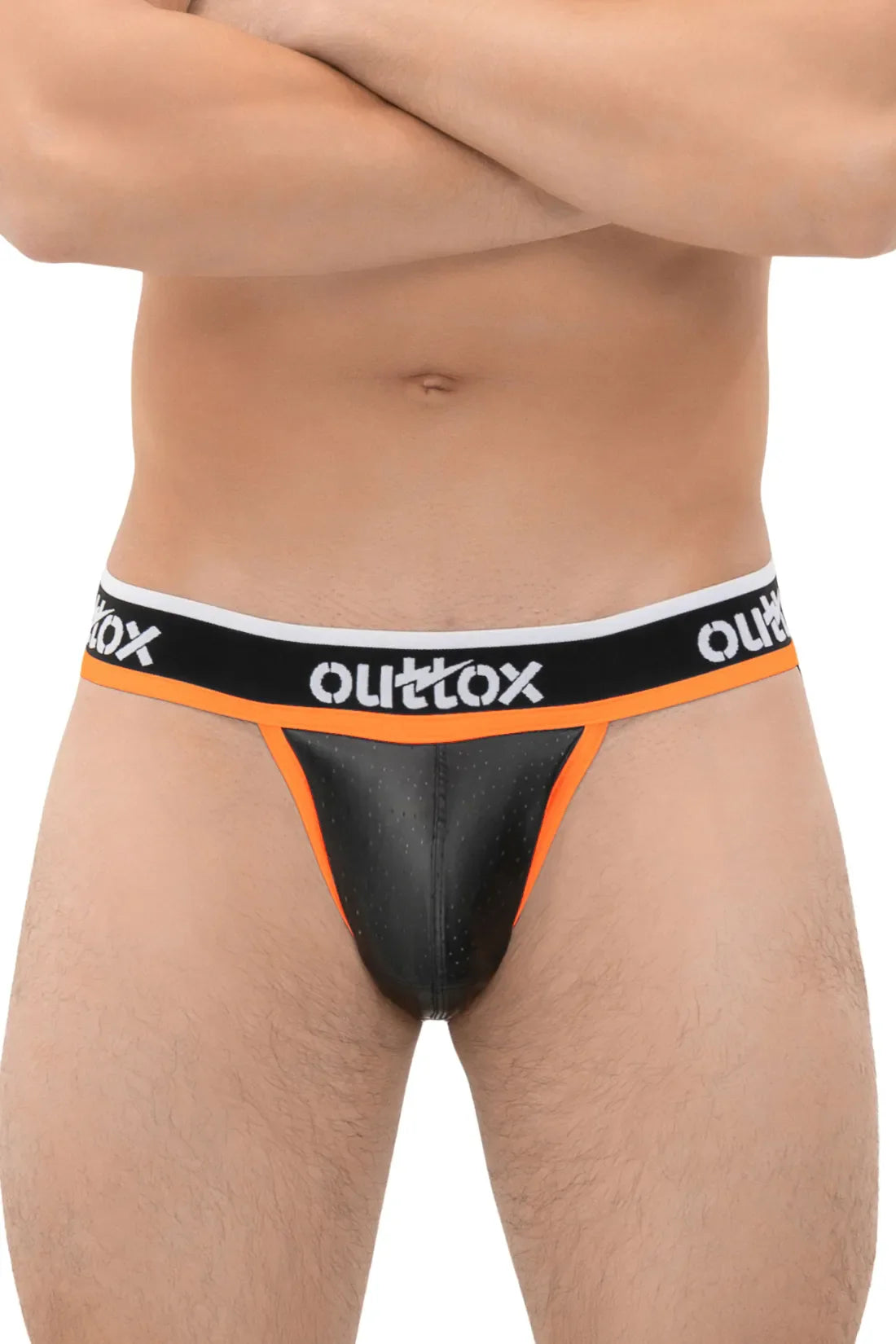 Outtox. Jock met snap-codpiece. Zwart+oranje