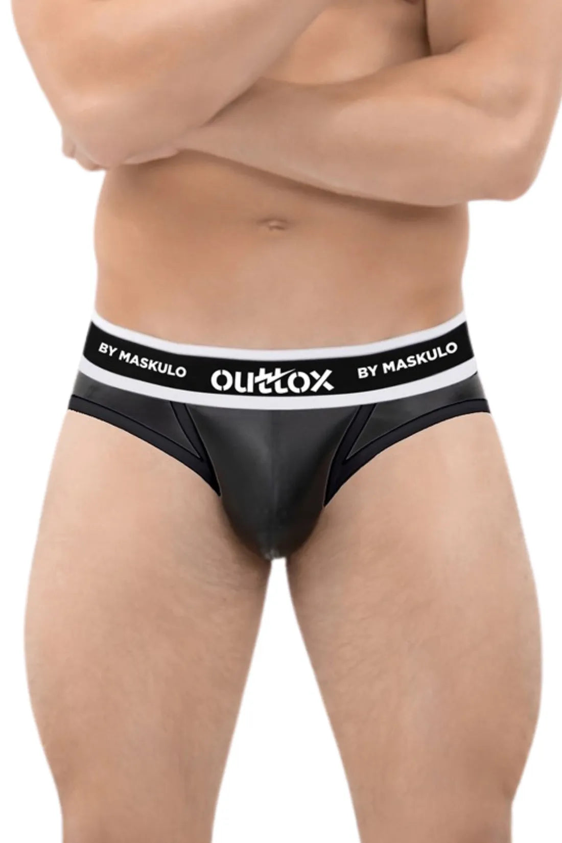 Outtox. Slip arrière enveloppé avec Snap Codpiece. Noir