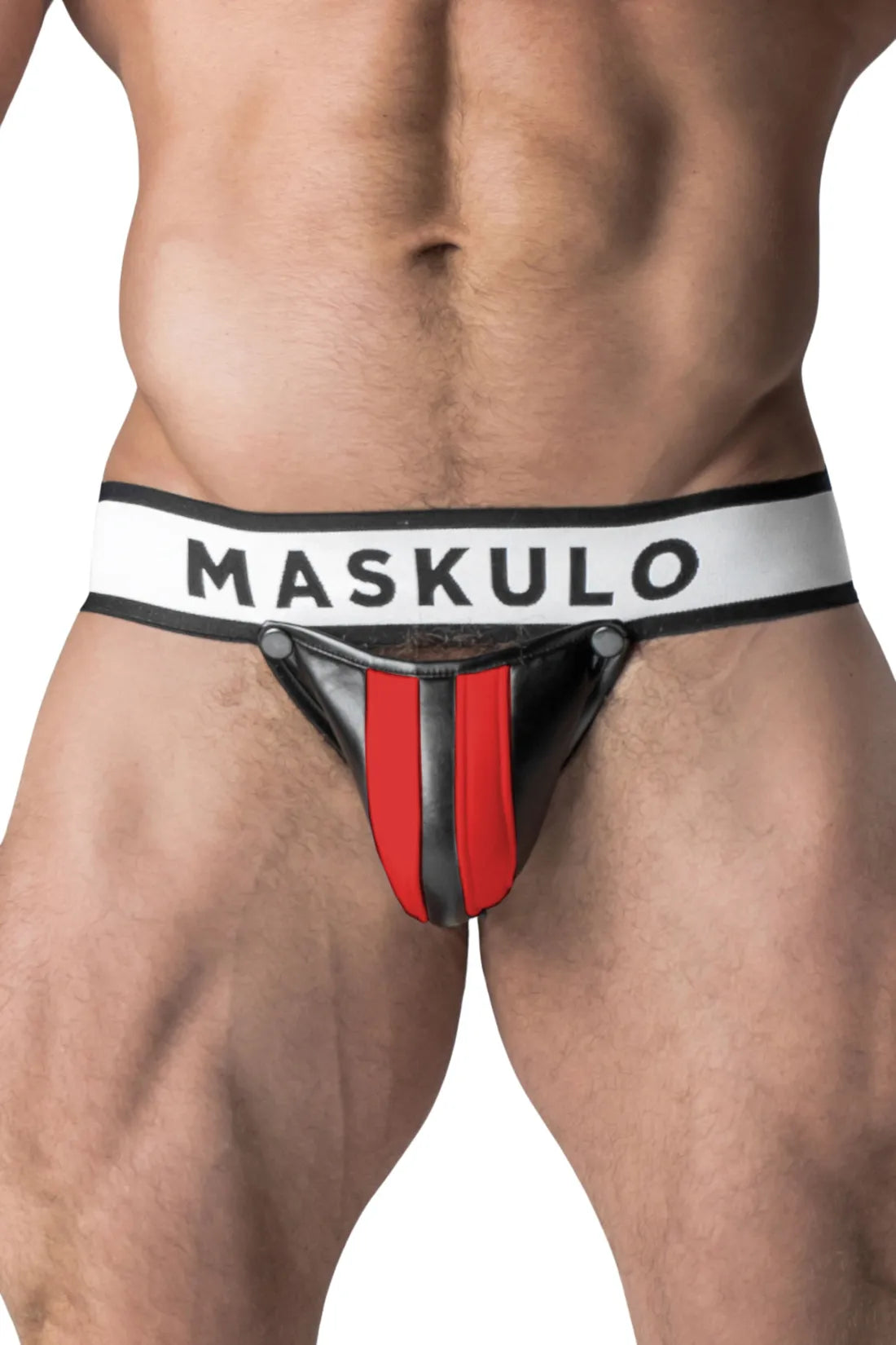 Armé. Jockstrap pour homme. Braguette amovible. Noir et rouge