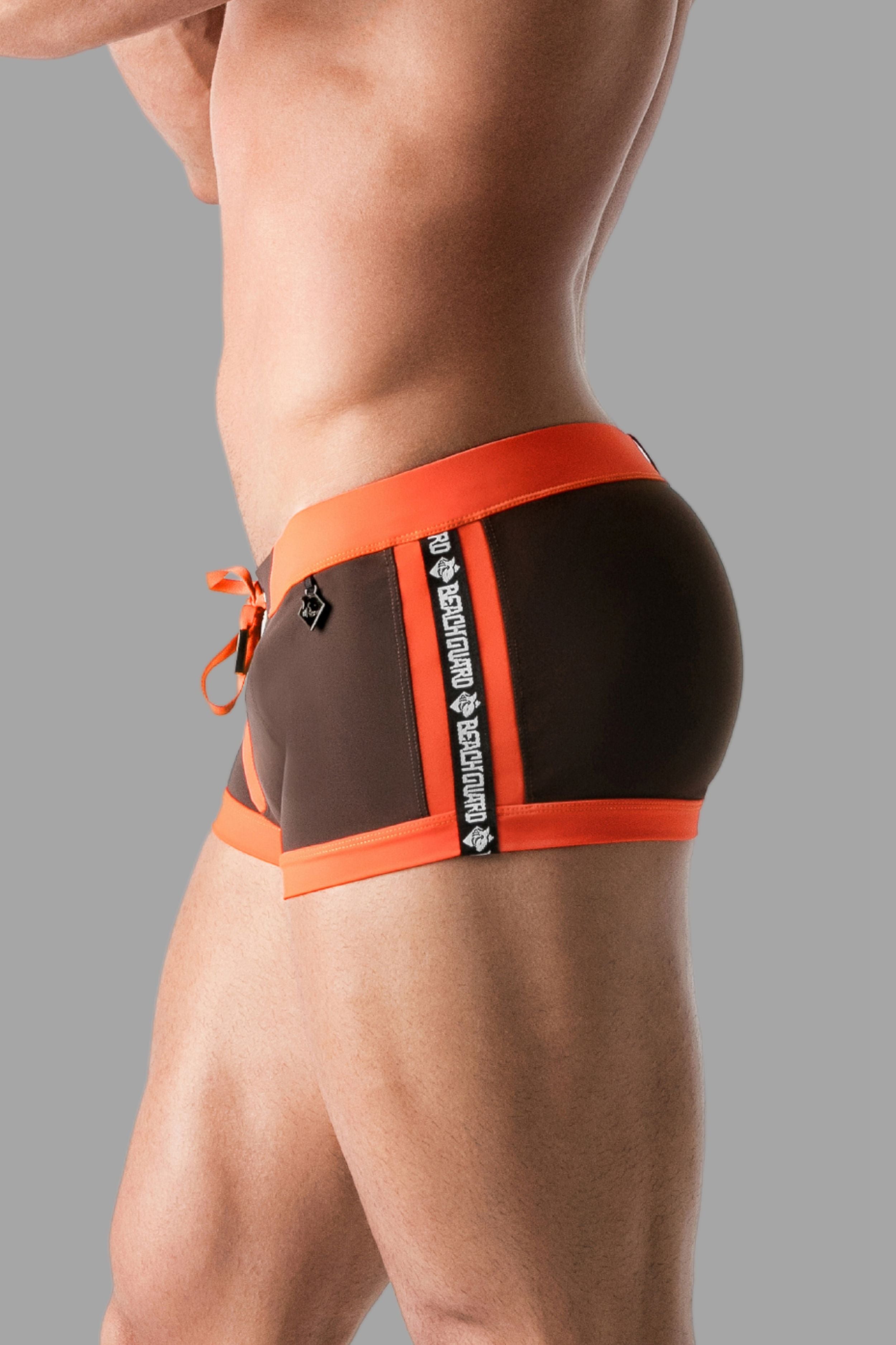 Swimming Trunk Shorts with Zip Imitation on the Front. Brown+Orange