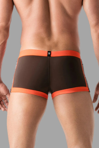 Shorts tipo bóxer de baño con imitación de cremallera en la parte delantera. Marrón+Naranja