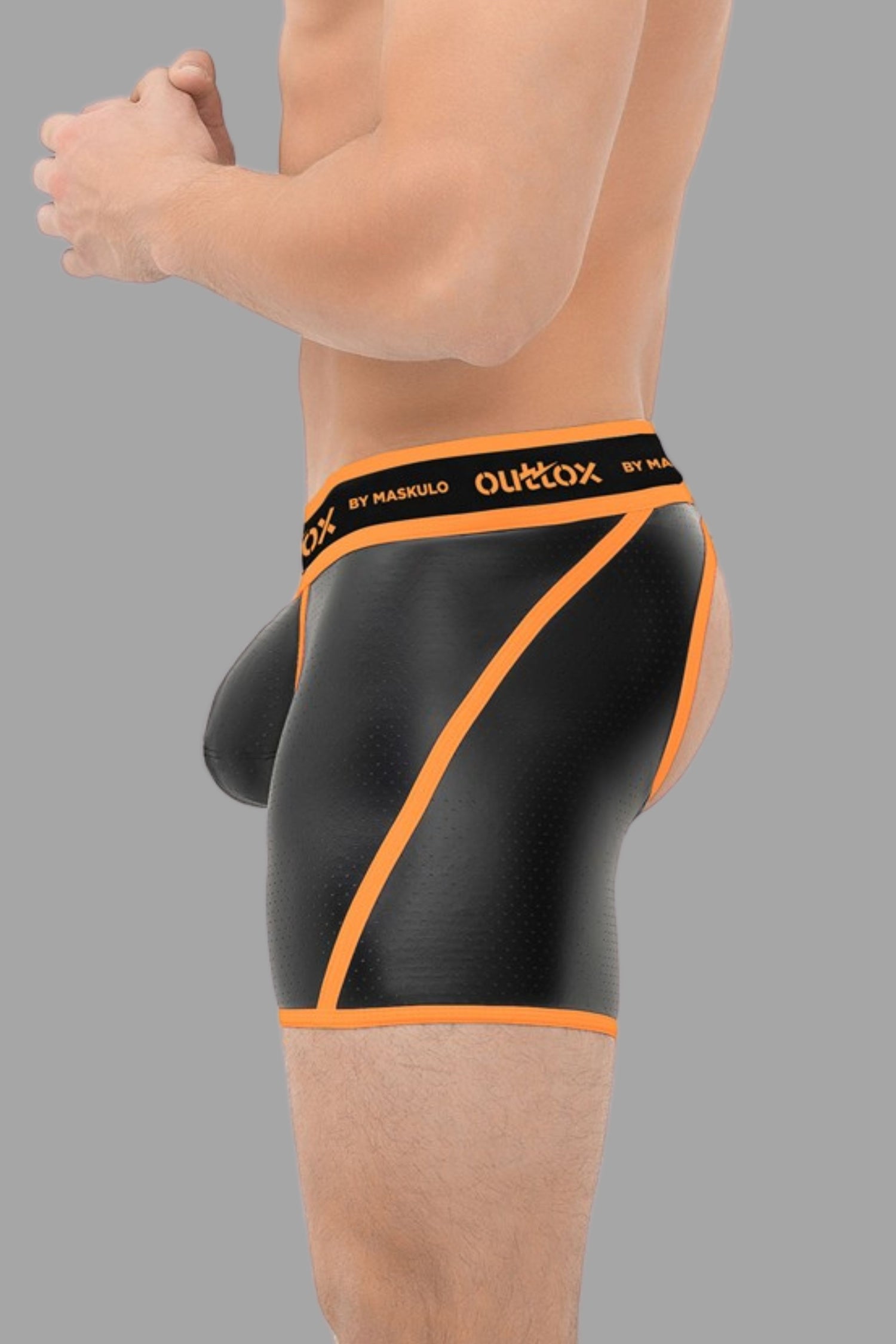 Outtox. Shorts mit offenem Rücken und Druckknopf-Codpiece. Orange „Neon“