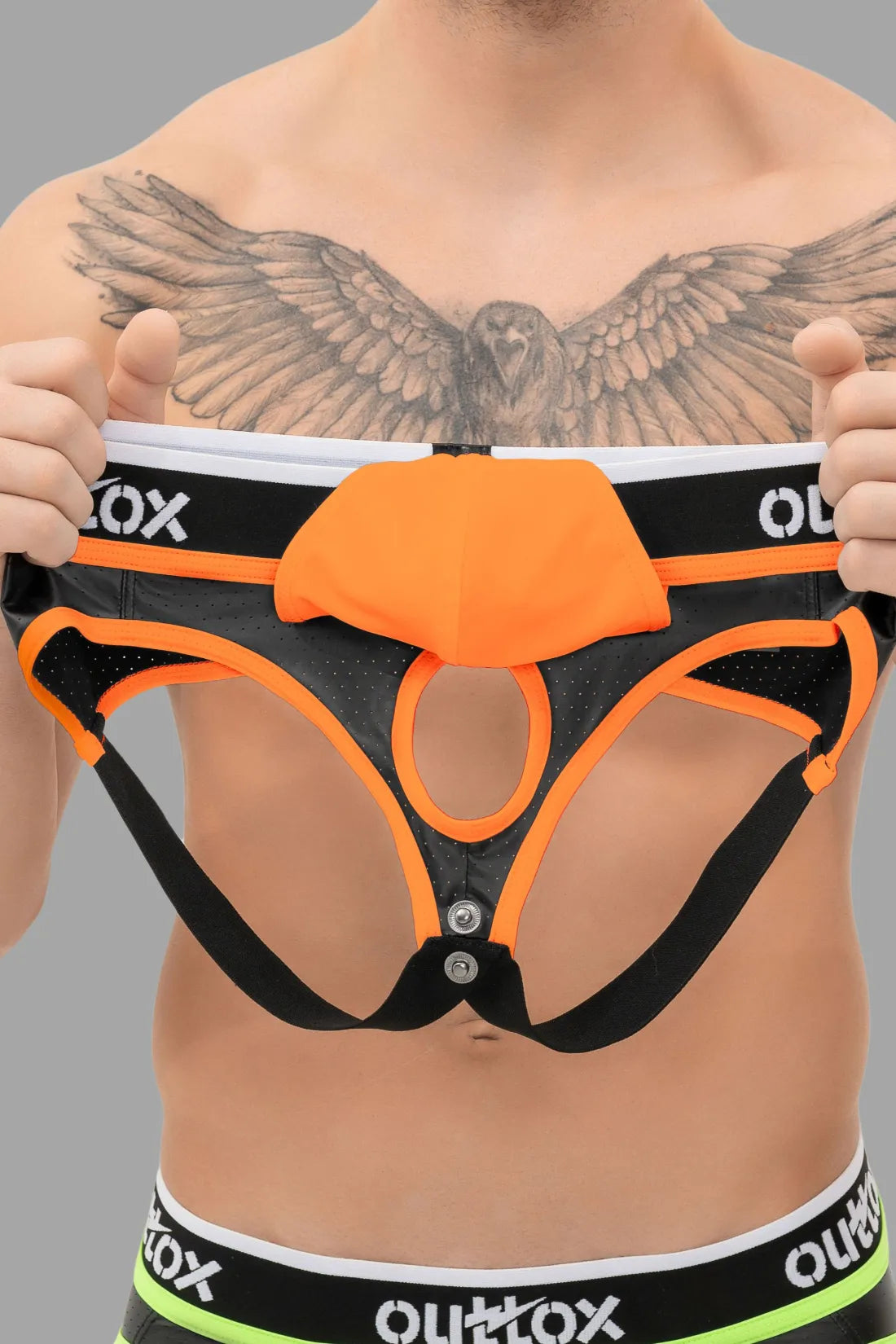 Outtox. Jock con bragueta Snap. Negro+Naranja