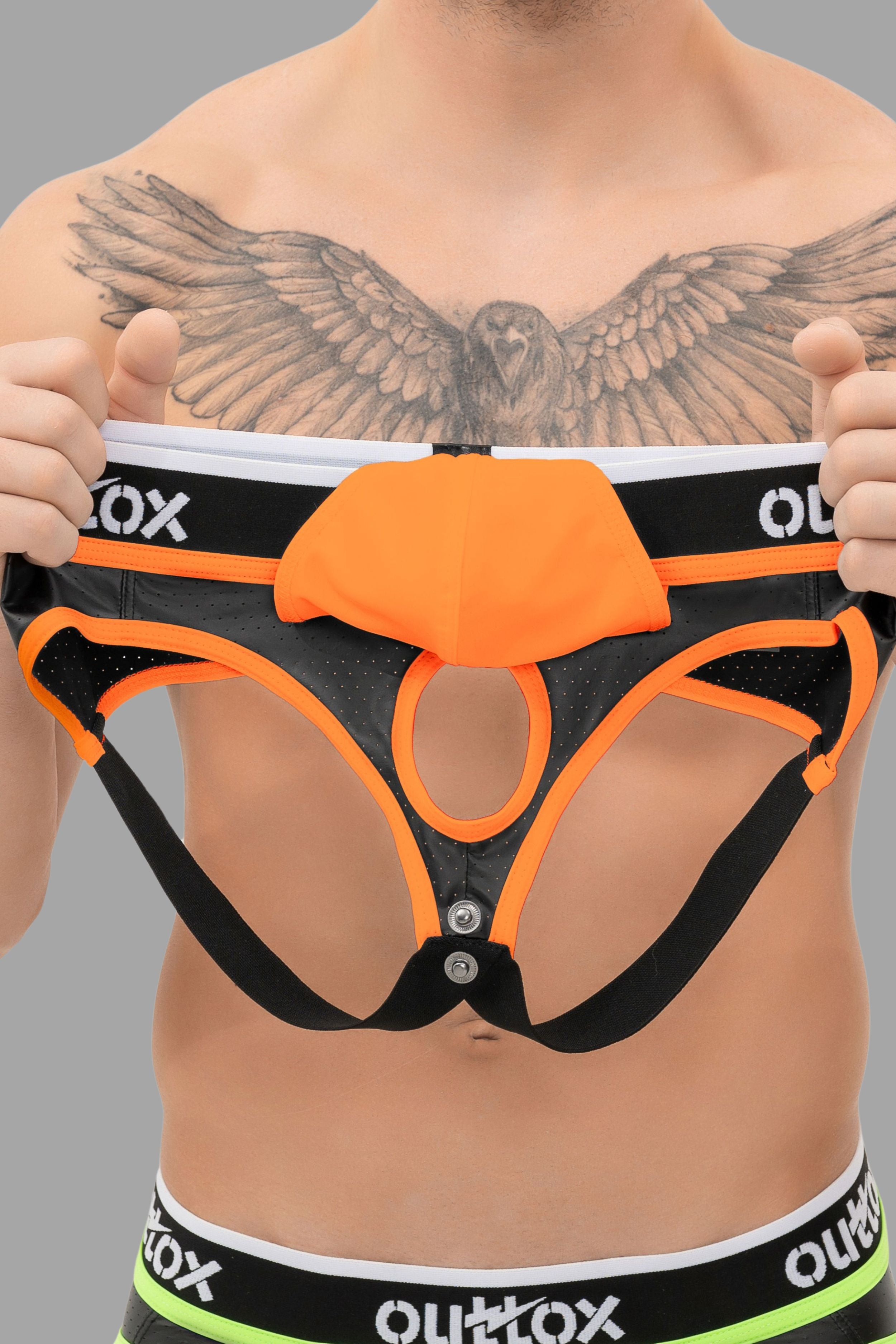 Outtox. Jock mit Druckknopf-Codpiece. Schwarz+Orange
