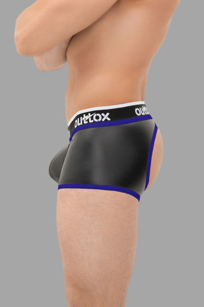 Outtox. Pantalones cortos con parte trasera abierta y bragueta a presión. Negro+Azul &