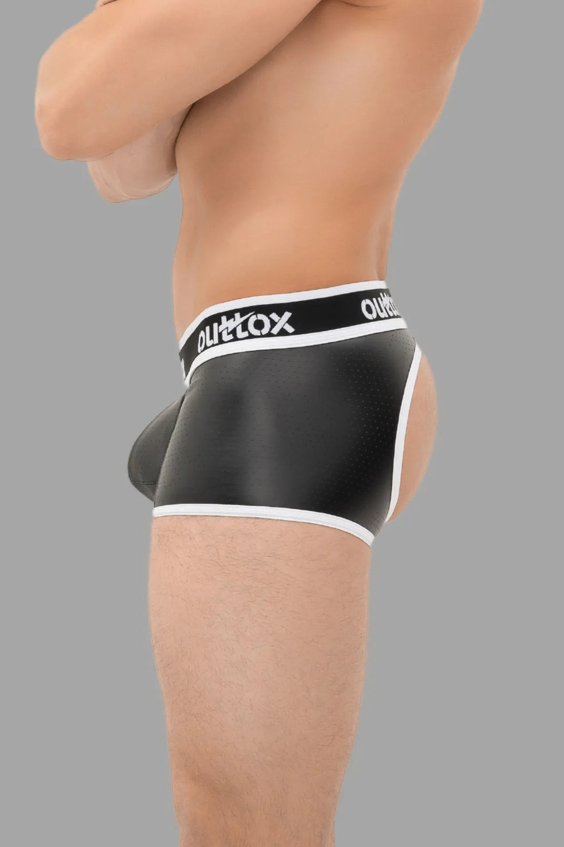 Outtox. Pantalones cortos con parte trasera abierta y bragueta a presión. Negro+Blanco