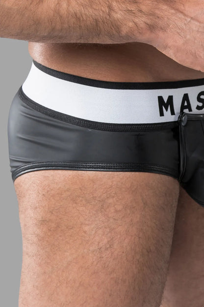 Armored. Rubber look Briefs. Detachable pouch. Zippered rear. Black