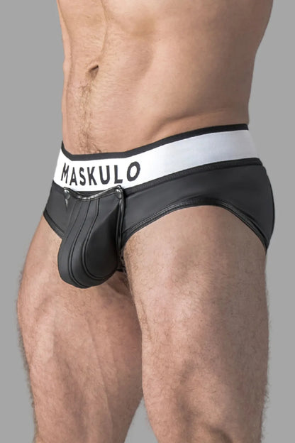 Armored. Rubber look Briefs. Detachable pouch. Zippered rear. Black