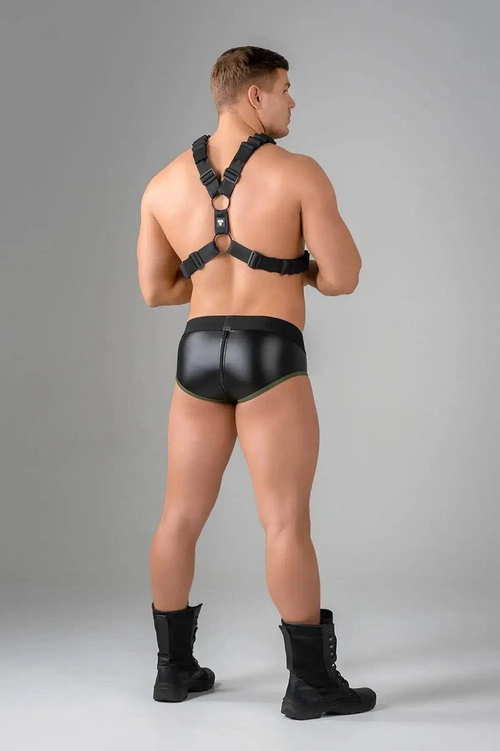 Maskulo Black Enforce Waist-high Codpiece Briefs with zipped rear, perfect for fitness enthusiasts and party-goers.