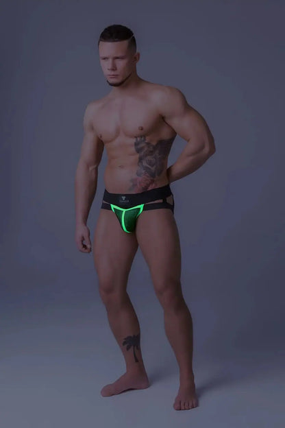 Maskulo Youngero neon green fetish jockstrap with breathable mesh codpiece and UV glow for gym and parties