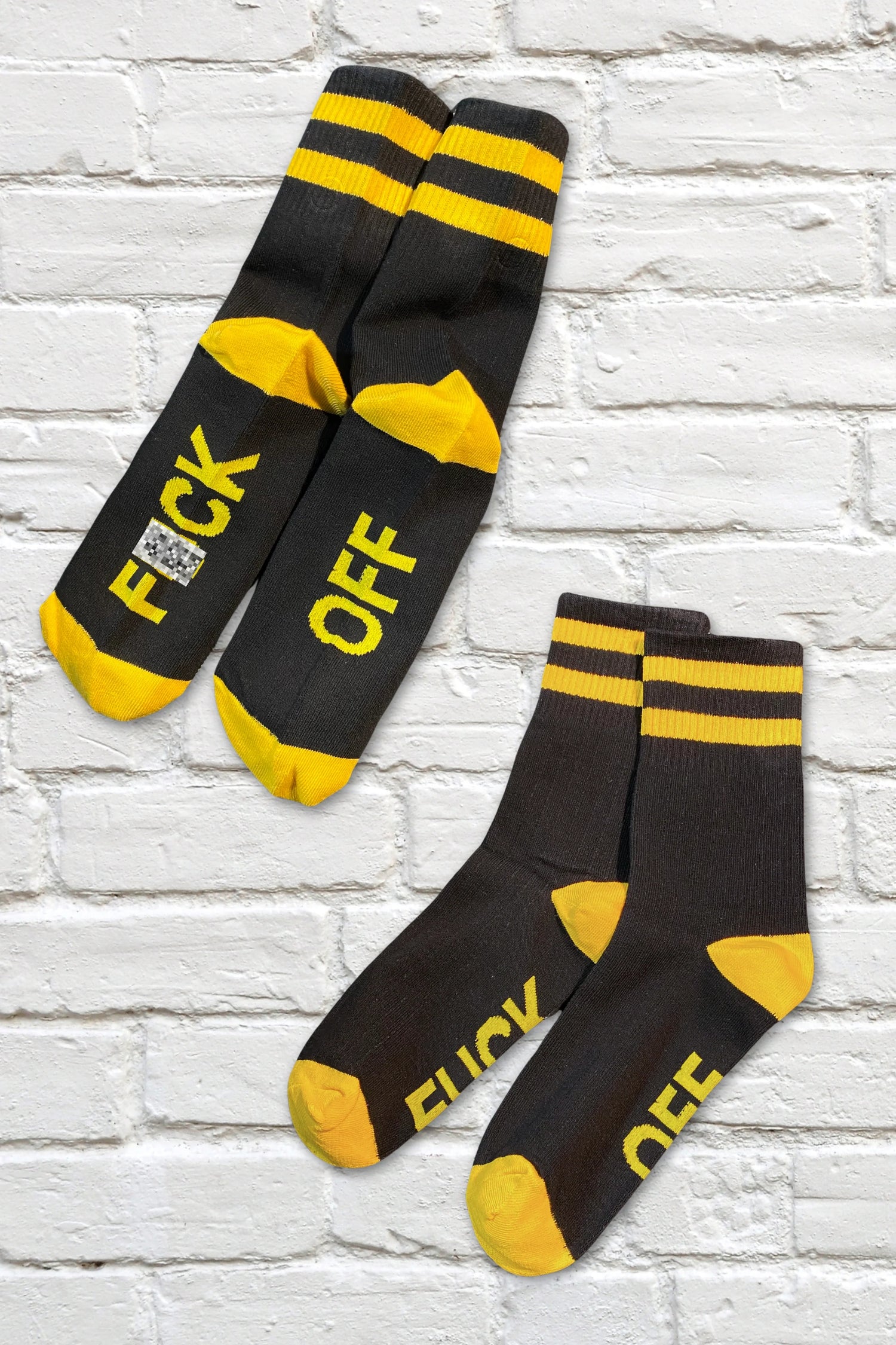 &quot;F*CK OFF&quot; Crew Socks. Black + Yellow