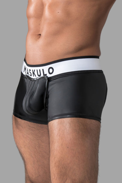 Armored. Rubber look Trunk Shorts. Detachable pouch. Zippered rear. Black