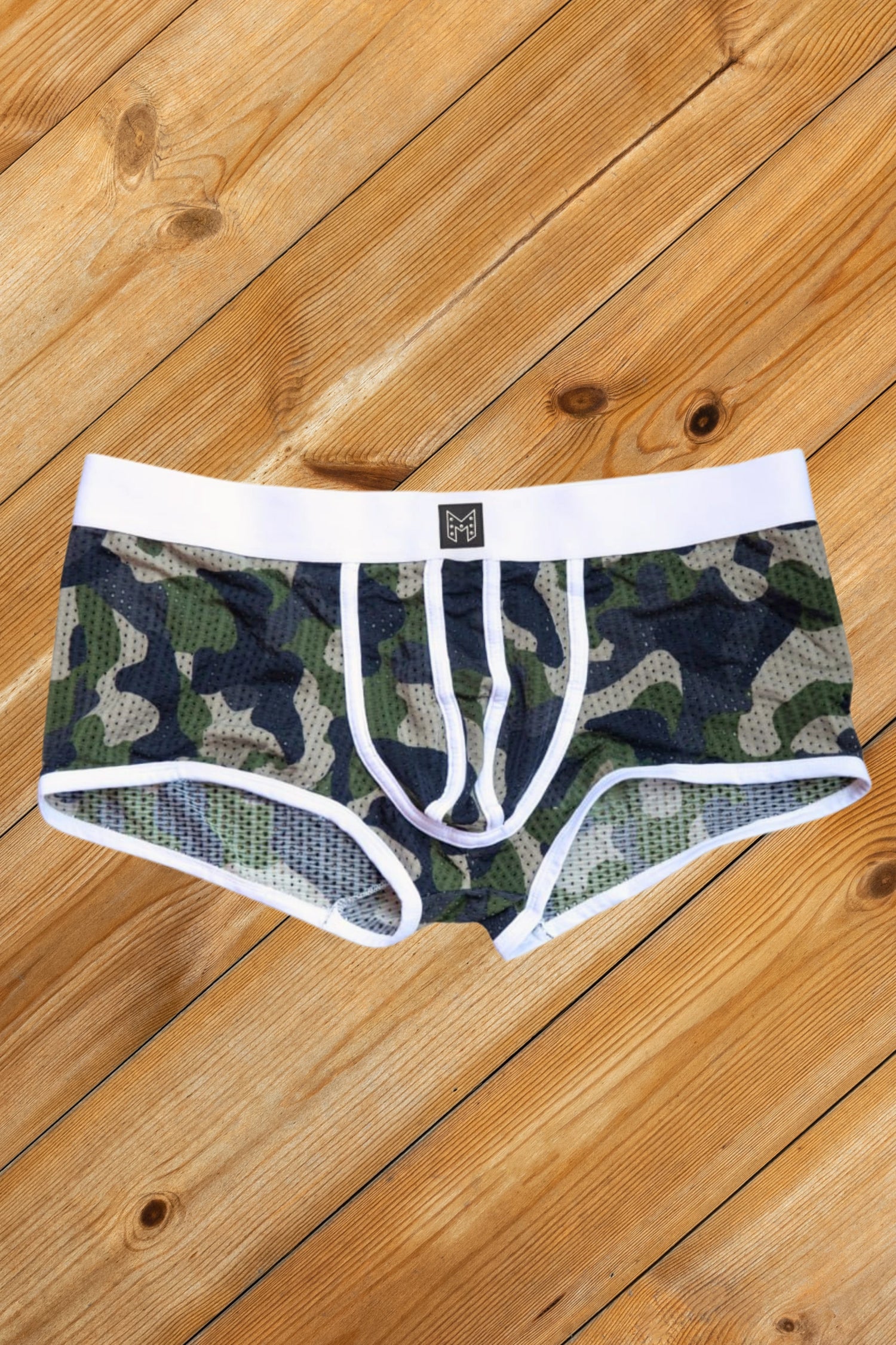 Jim Steelguard Mesh-trunks. Camouflage + Wit