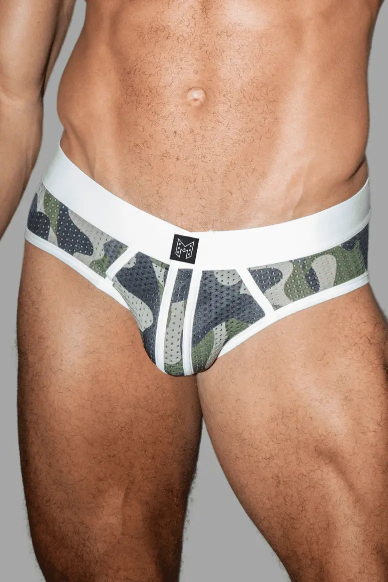 Ian Steelguard Mesh Briefs. Camouflage + White