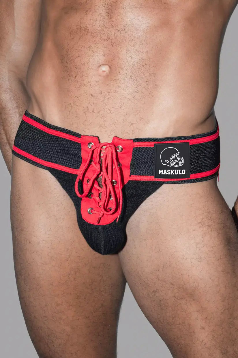 Jett Gridd-Iron, Jockstrap de Football Américain. Noir + Rouge