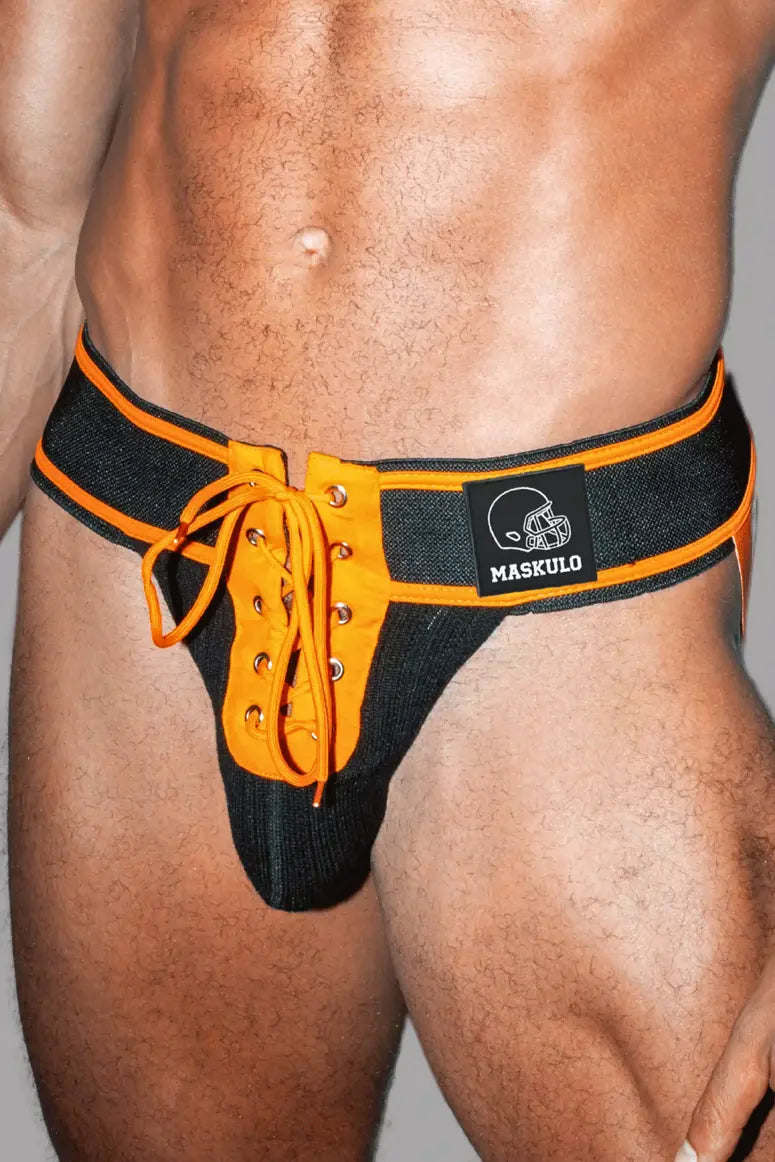 Matt Gridd-Iron, Jockstrap de Football Américain. Noir + Orange