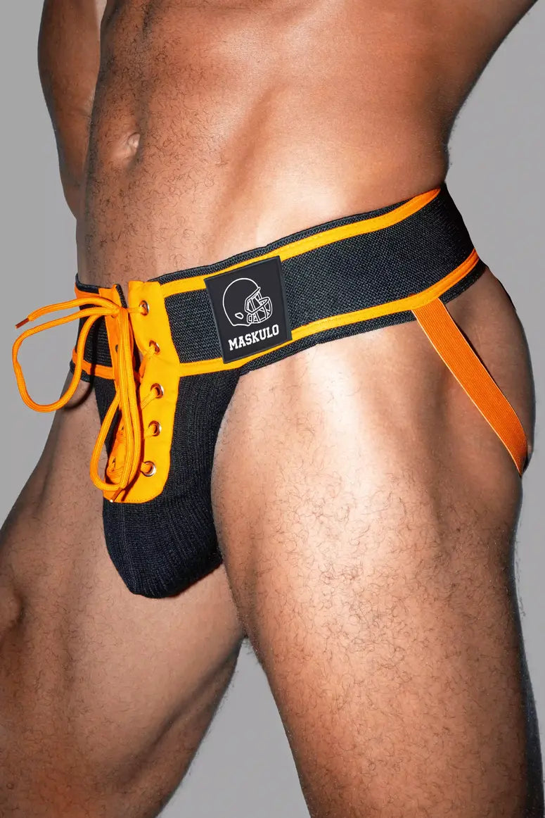 Matt Gridd-Iron, American Football Jockstrap. Black + Orange