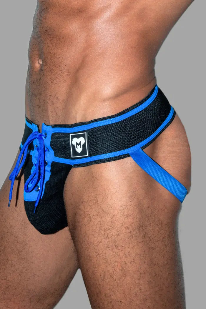 Liam Gridd-Iron, Jockstrap de Football Américain. Noir + Bleu Roi