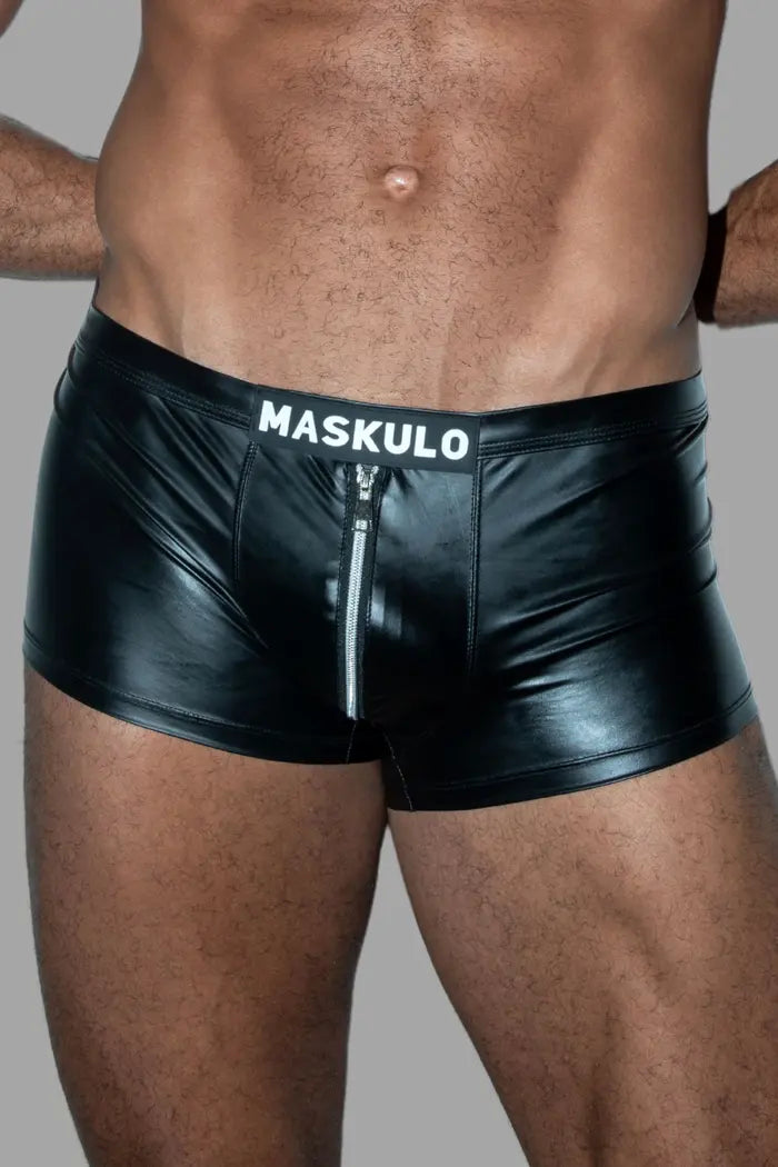 Trukk Liquidoil PU Leather Shorts with 2-sides zipper. Black + Silver