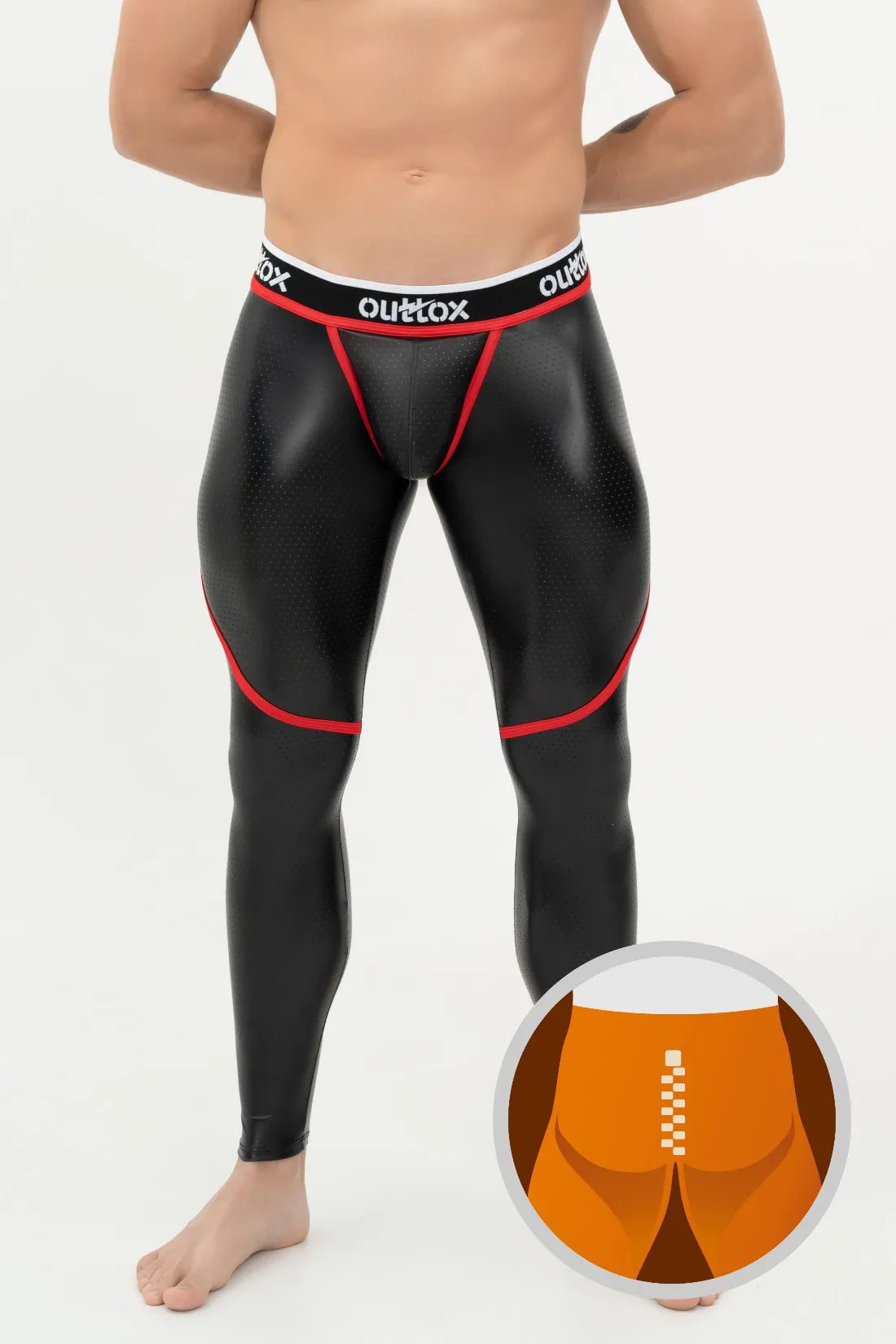 Outtox. Leggings mit Reißverschluss hinten und Druckknopf-Codpiece. Schwarz und Rot