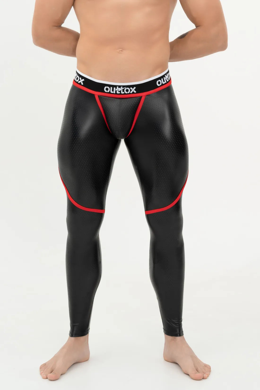 Outtox. Leggings con cremallera trasera y bragueta a presión. Negro+rojo