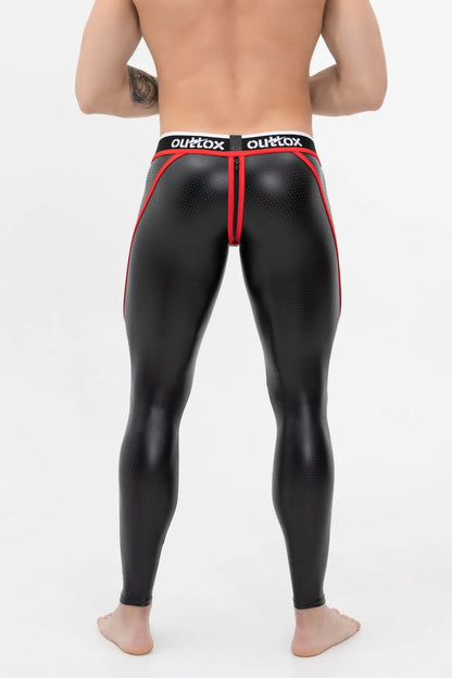 Outtox. Leggings con cremallera trasera y bragueta a presión. Negro+rojo