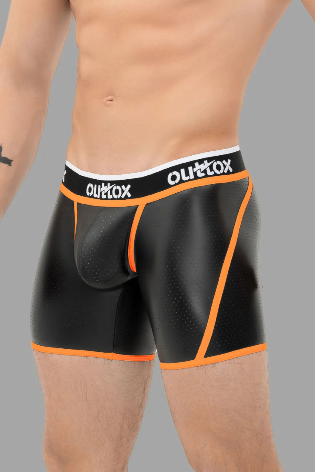 Outtox. Wrap-Rear Short Tights. Snap Codpiece. Black and Orange