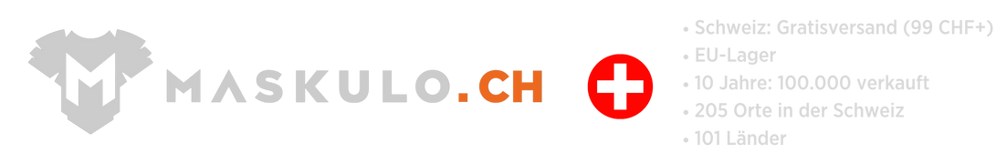 maskulo.ch logo and text in Swiss German about the 99 CHF threshold for free delivery, shipping from the EU stockroom and that for 10 years more than 100 thousand purchases were delivered to 205 towns and cities in Switzerland and 101 countries of the world