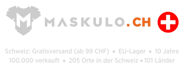 maskulo.ch logo and text in Swiss German about the 99 CHF threshold for free delivery, shipping from the EU stockroom and that for 10 years more than 100 thousand purchases were delivered to 205 towns and cities in Switzerland and 101 countries of the world