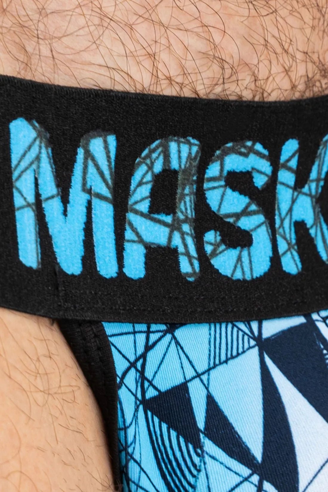 Maskulo ARMOR Black/Blue Jockstrap with ART-X effect print. Cotton 95% and elastane 5% blend for comfort and stretch. Everyday Underwear.